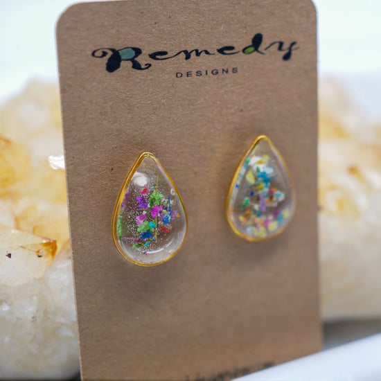 Tiny flower confetti teardrop studs, real flower studs, pressed flower earrings, botanical earrings, terrarium studs, flower confetti