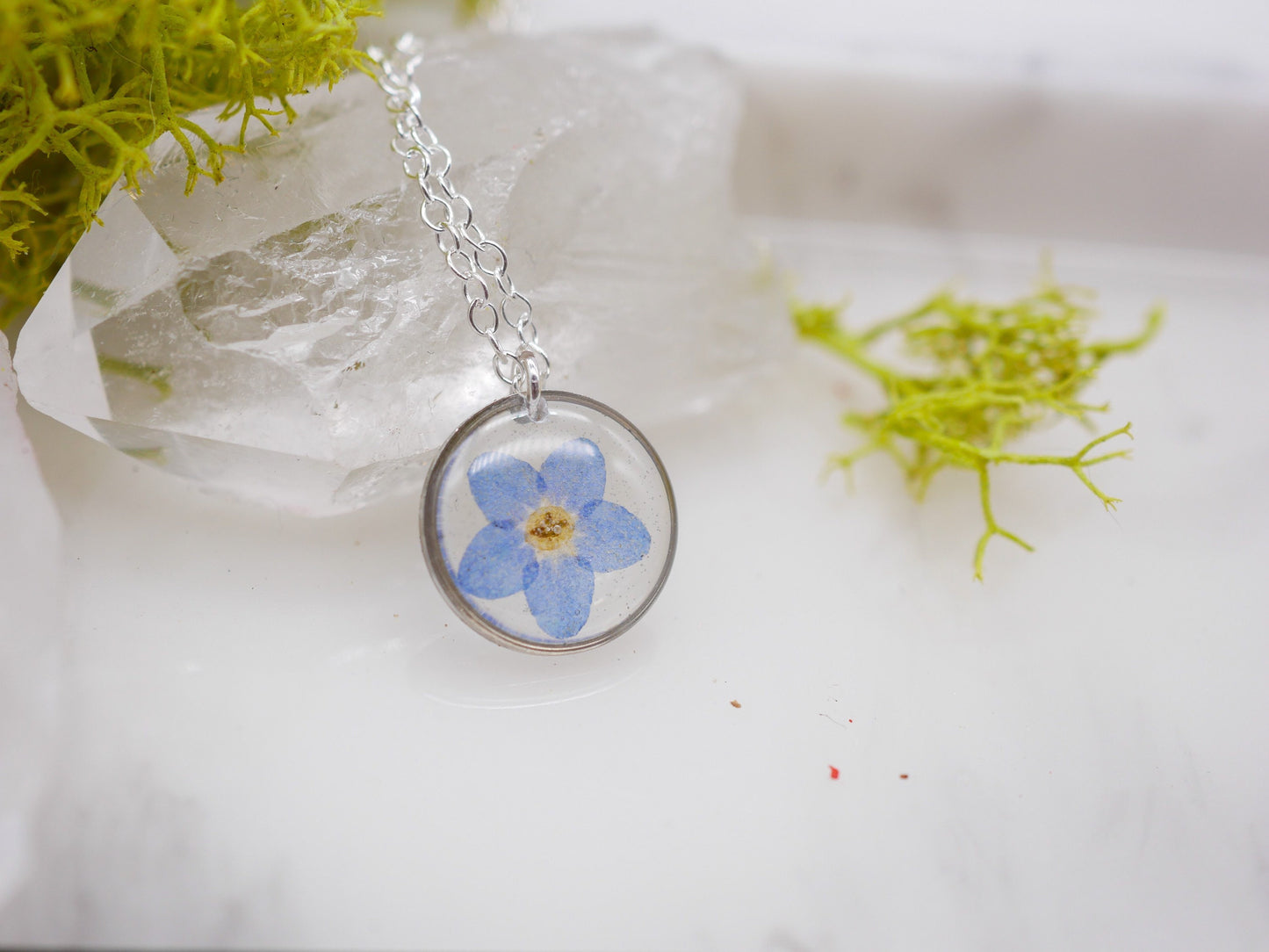 Tiny forget me not necklace, pressed flower jewelry, real forget me not necklace, memorial flower jewelry,