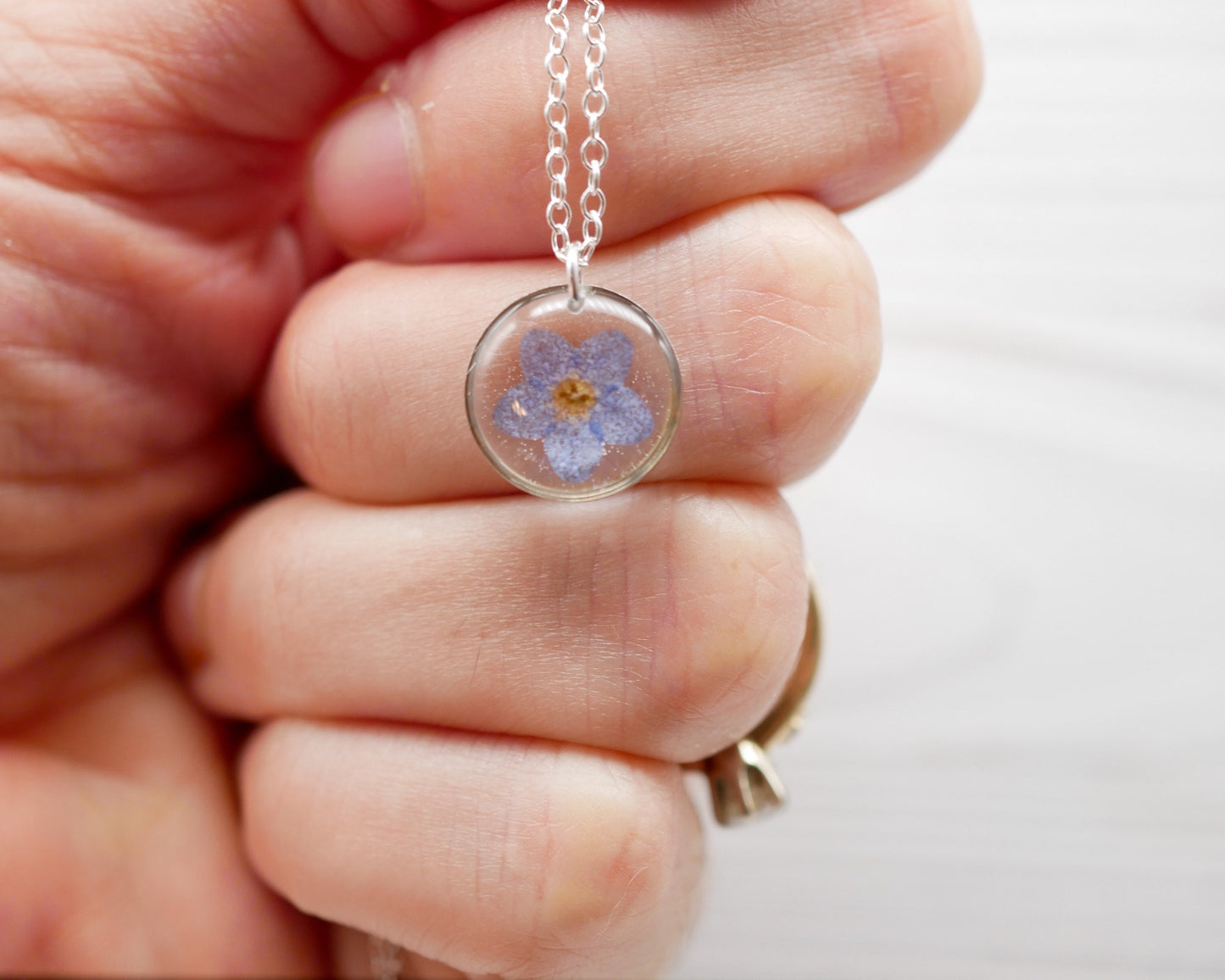 Tiny forget me not necklace, pressed flower jewelry, real forget me not necklace, memorial flower jewelry,