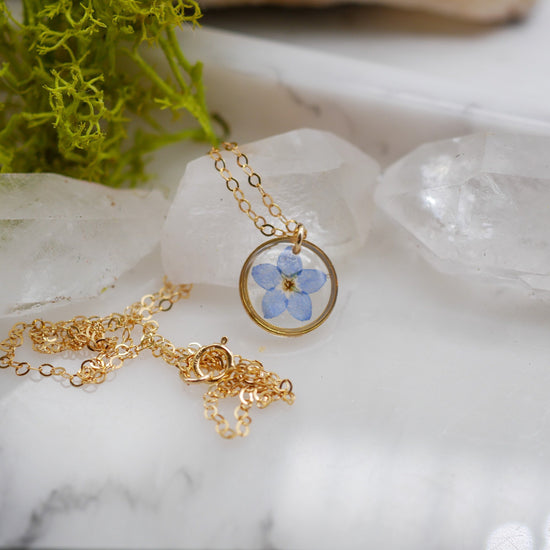 Tiny forget me not necklace, pressed flower jewelry, real forget me not necklace, memorial flower jewelry,