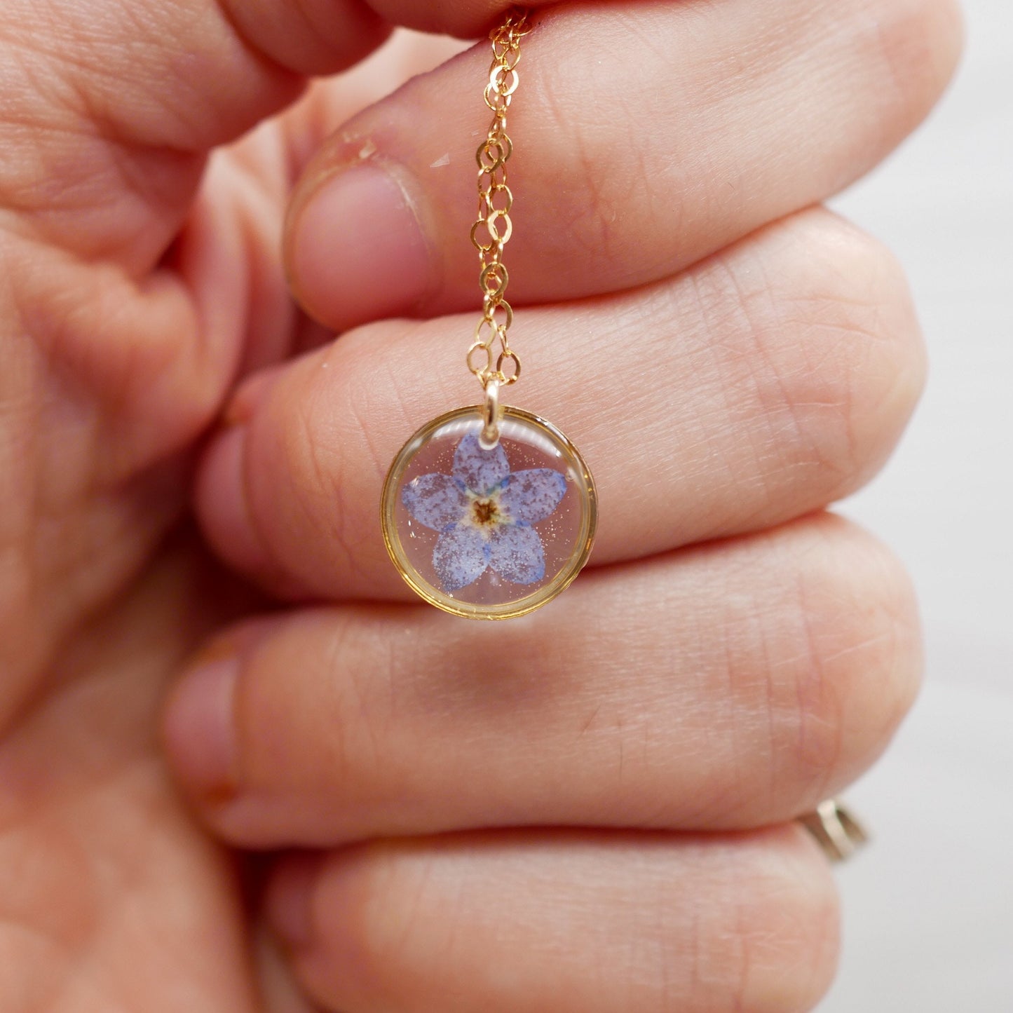Tiny forget me not necklace, pressed flower jewelry, real forget me not necklace, memorial flower jewelry,