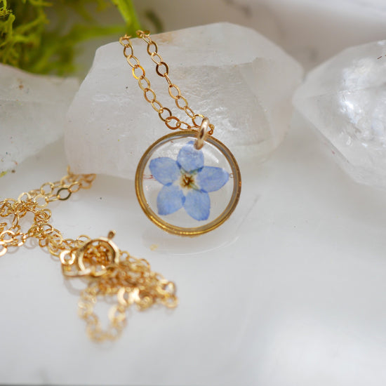 Tiny forget me not necklace, pressed flower jewelry, real forget me not necklace, memorial flower jewelry,