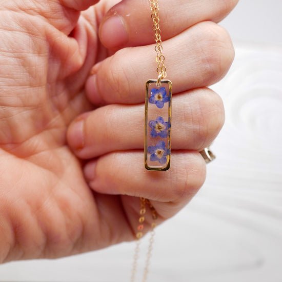 Forget me not vertical bar necklace, dainty flower jewelry, pressed flower necklace, memorial necklace, real flower bar necklace