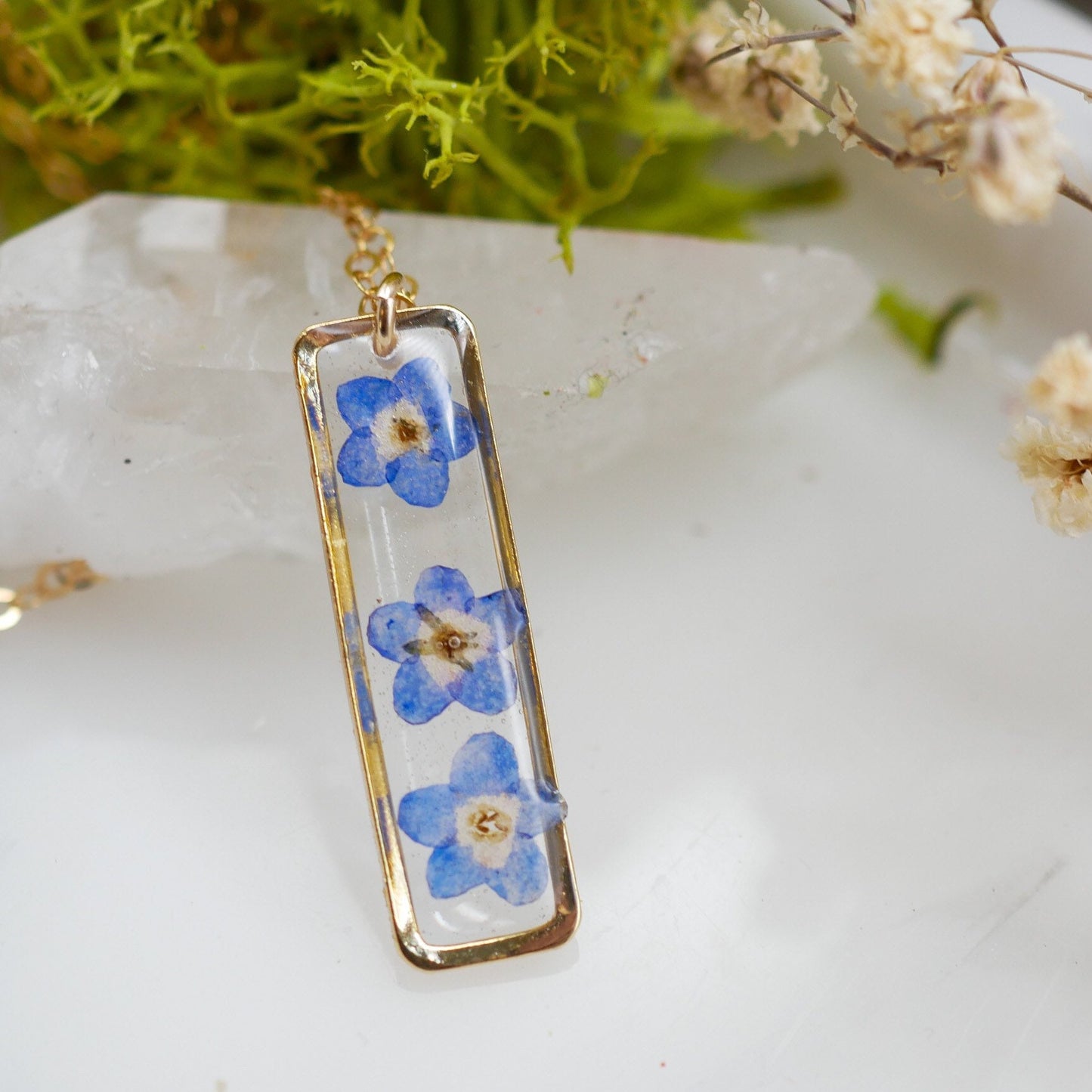 Forget me not vertical bar necklace, dainty flower jewelry, pressed flower necklace, memorial necklace, real flower bar necklace
