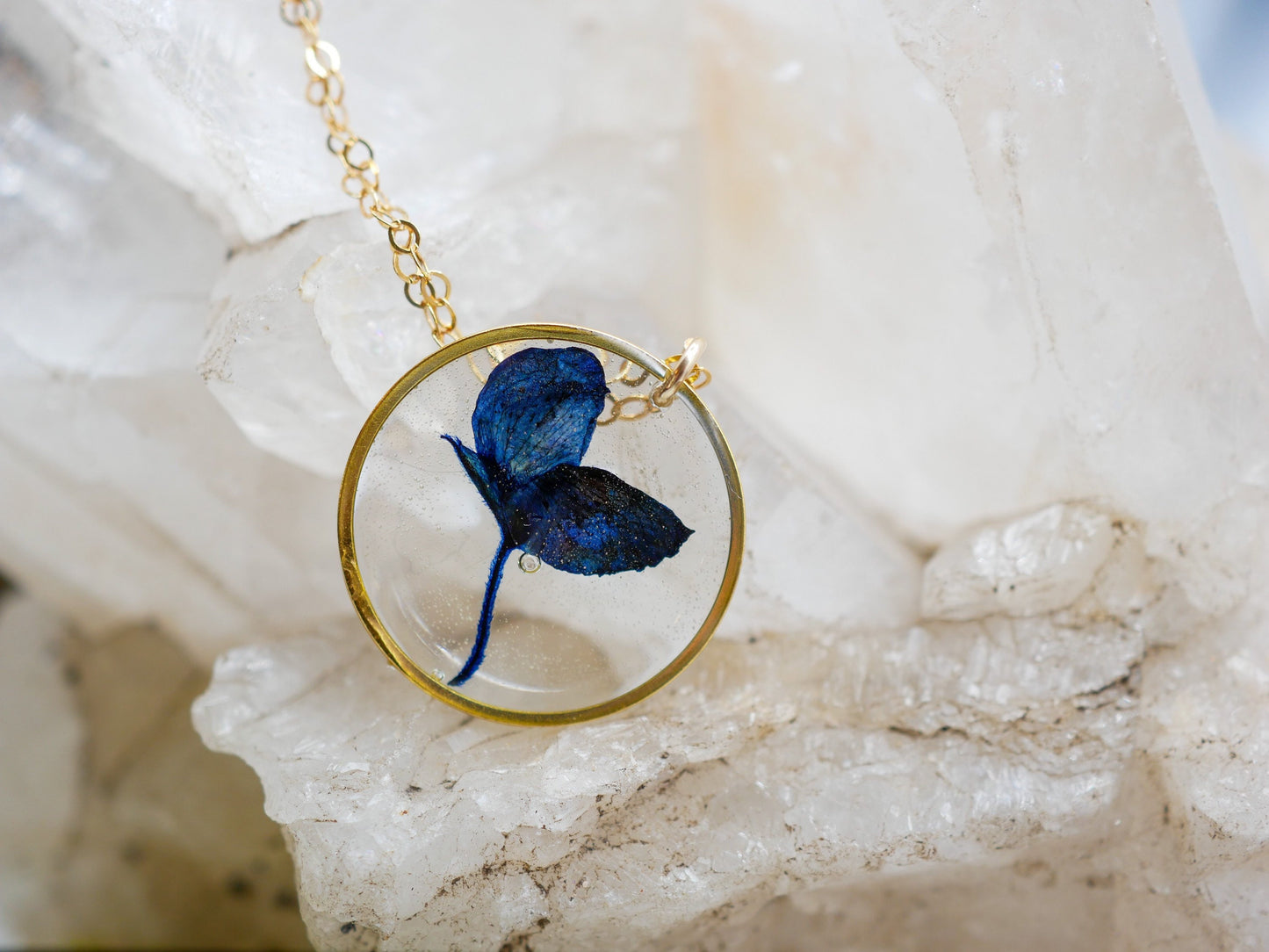 Texas pressed bluebonnet necklace -24k gold fill or sterling silver circle pendant