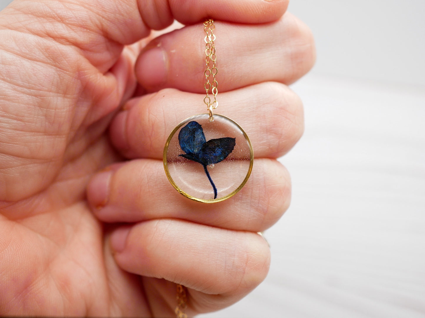 Texas pressed bluebonnet necklace -24k gold fill or sterling silver circle pendant