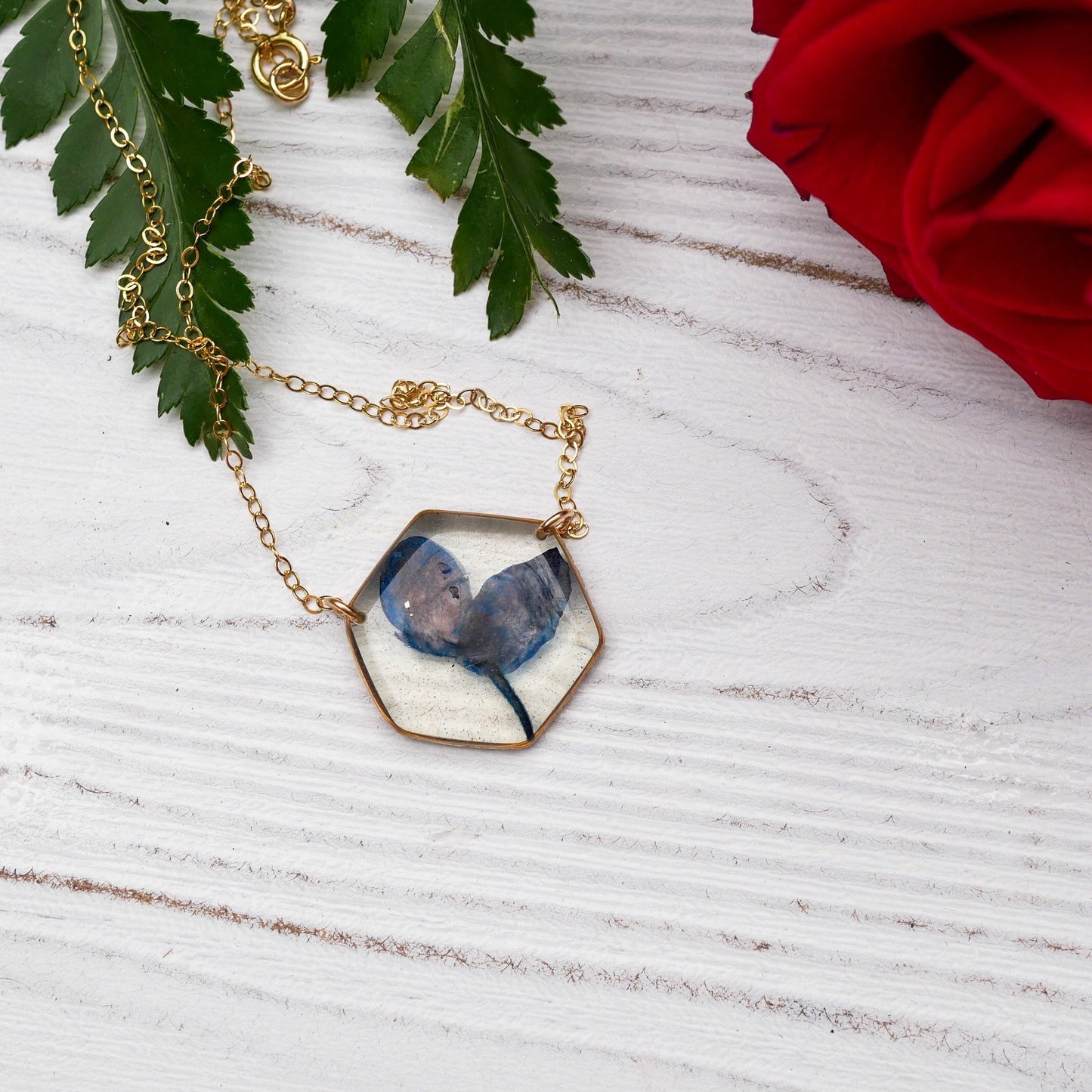 Texas Bluebonnet necklace, real bluebonnet jewelry, Texas bluebonnet gift, pressed flower jewelry, resin flowers, hexagon flower necklace