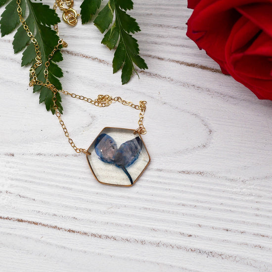 Texas Bluebonnet necklace, real bluebonnet jewelry, Texas bluebonnet gift, pressed flower jewelry, resin flowers, hexagon flower necklace
