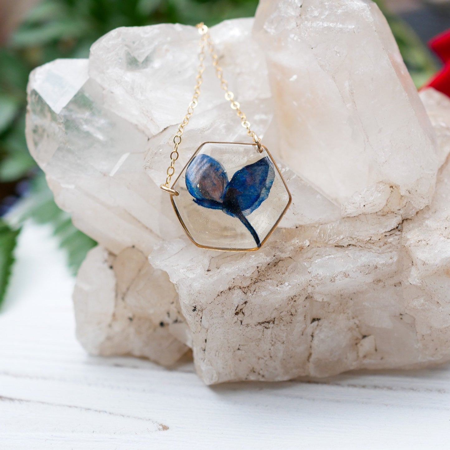 Texas Bluebonnet necklace, real bluebonnet jewelry, Texas bluebonnet gift, pressed flower jewelry, resin flowers, hexagon flower necklace