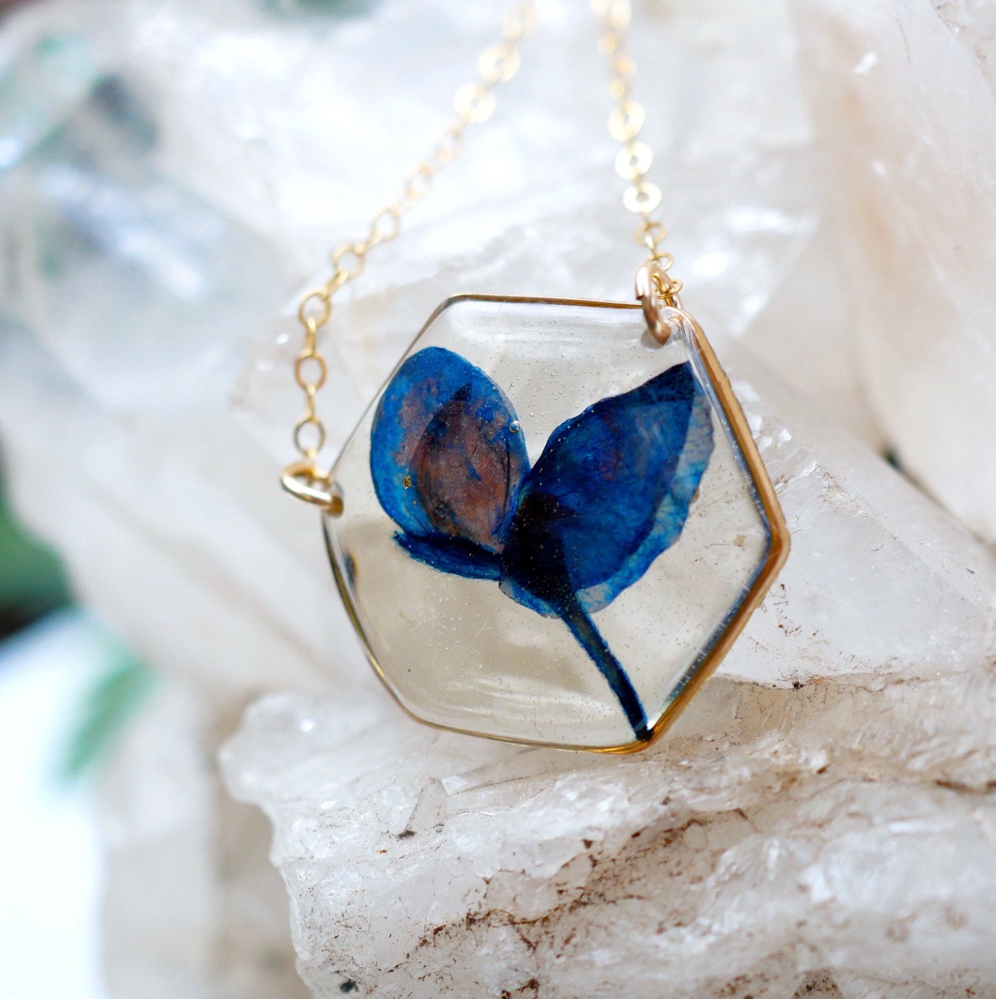 Texas Bluebonnet necklace, real bluebonnet jewelry, Texas bluebonnet gift, pressed flower jewelry, resin flowers, hexagon flower necklace