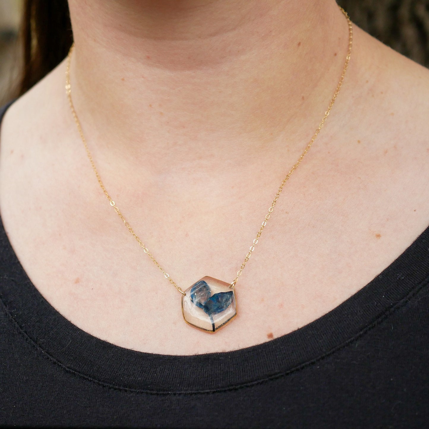 Texas Bluebonnet necklace, real bluebonnet jewelry, Texas bluebonnet gift, pressed flower jewelry, resin flowers, hexagon flower necklace