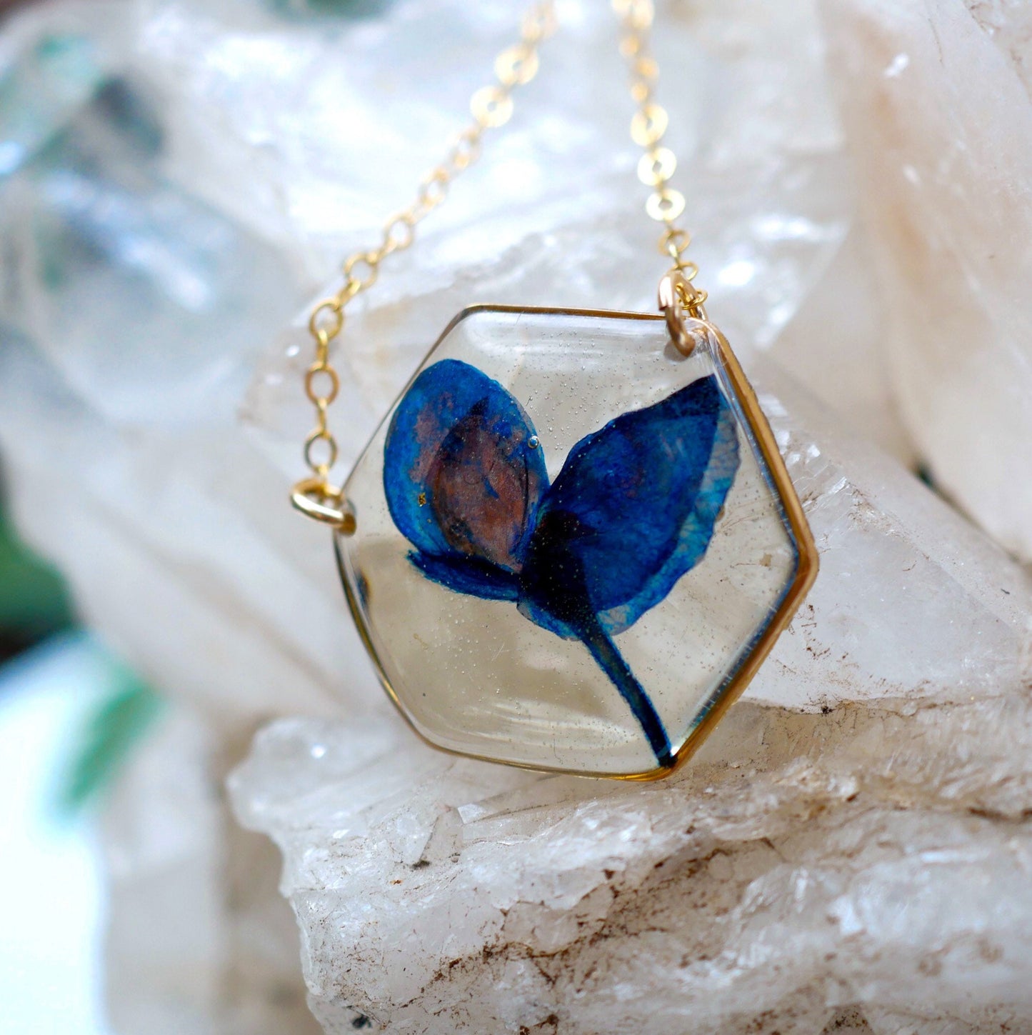 Texas Bluebonnet necklace, real bluebonnet jewelry, Texas bluebonnet gift, pressed flower jewelry, resin flowers, hexagon flower necklace