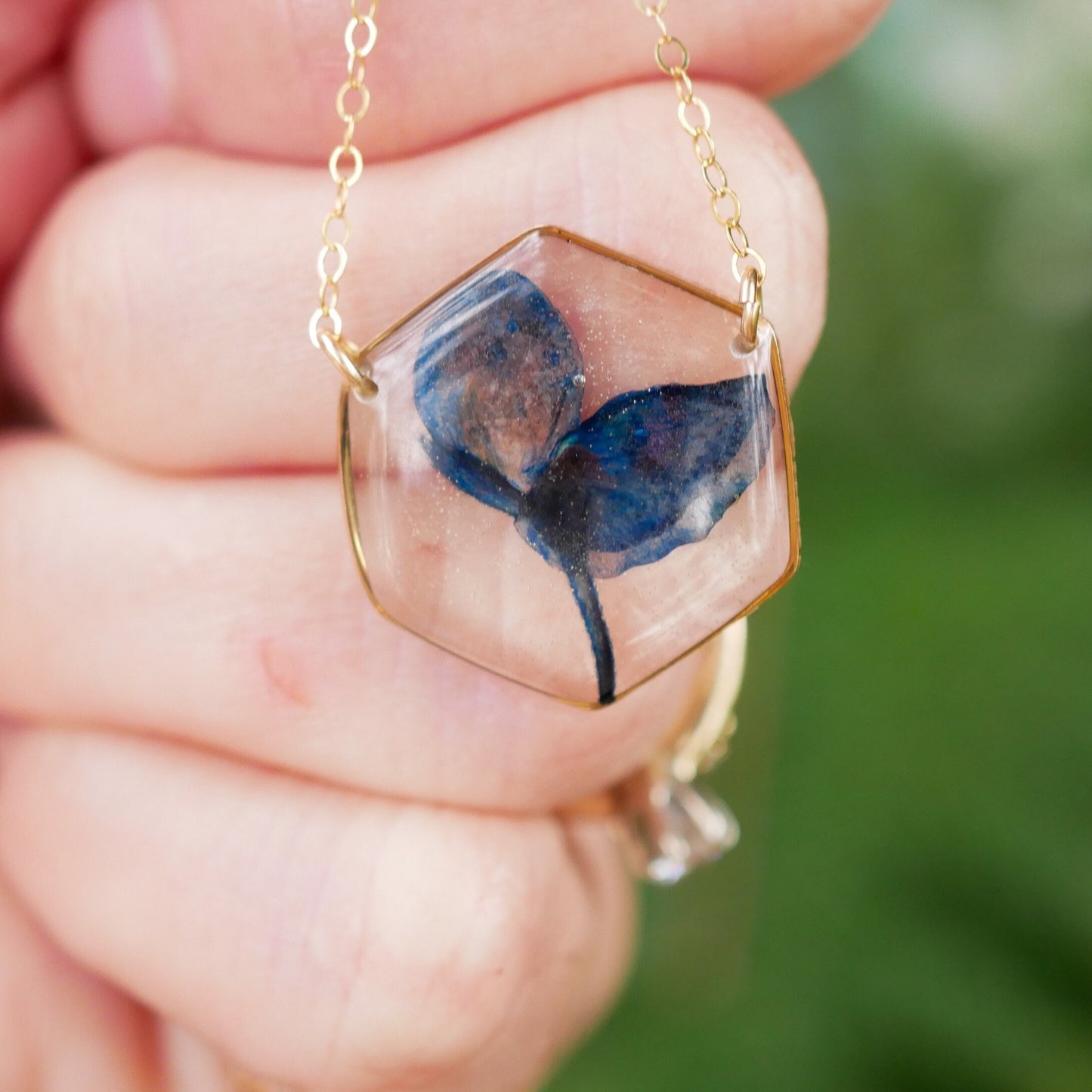 Texas Bluebonnet necklace, real bluebonnet jewelry, Texas bluebonnet gift, pressed flower jewelry, resin flowers, hexagon flower necklace