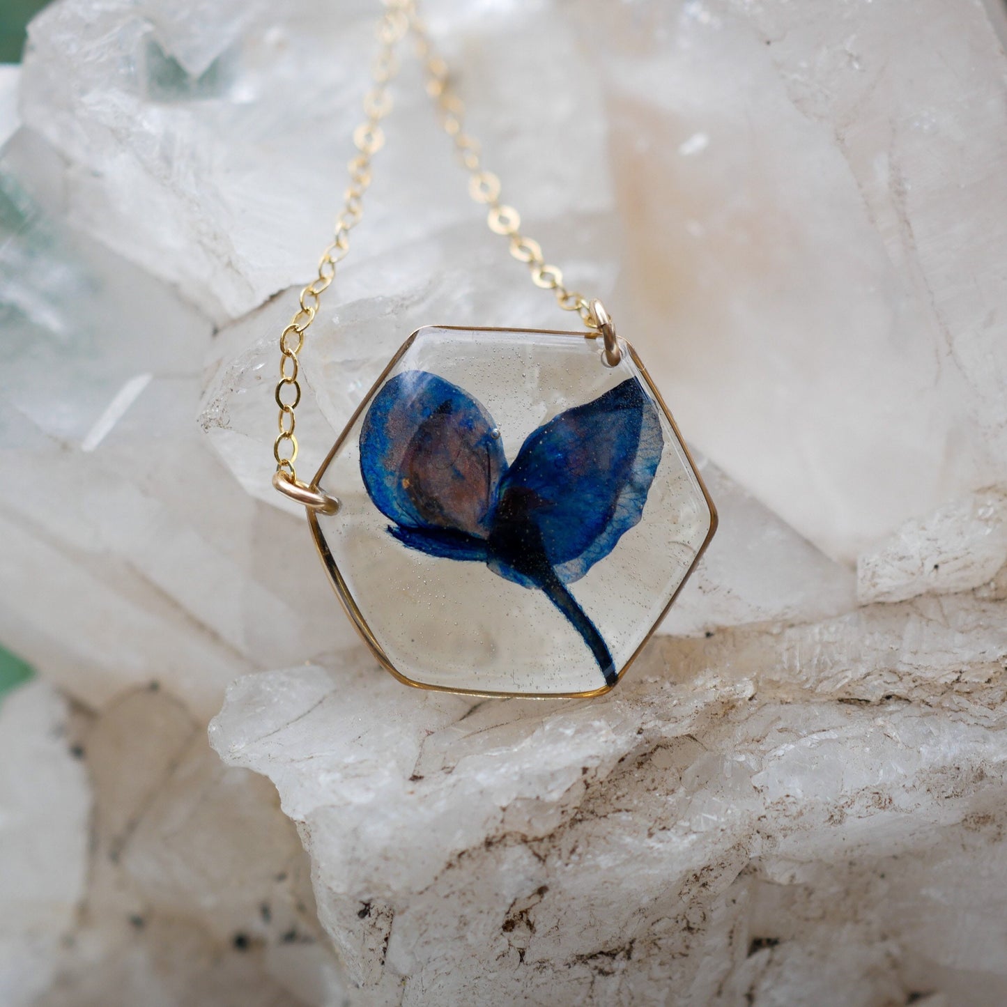 Texas Bluebonnet necklace, real bluebonnet jewelry, Texas bluebonnet gift, pressed flower jewelry, resin flowers, hexagon flower necklace