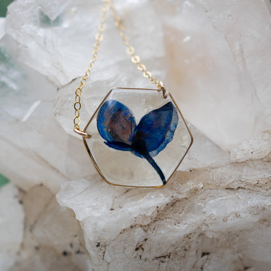 Texas Bluebonnet necklace, real bluebonnet jewelry, Texas bluebonnet gift, pressed flower jewelry, resin flowers, hexagon flower necklace