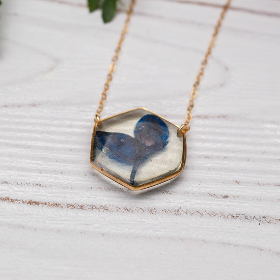 Texas Bluebonnet necklace, real bluebonnet jewelry, Texas bluebonnet gift, pressed flower jewelry, resin flowers, hexagon flower necklace