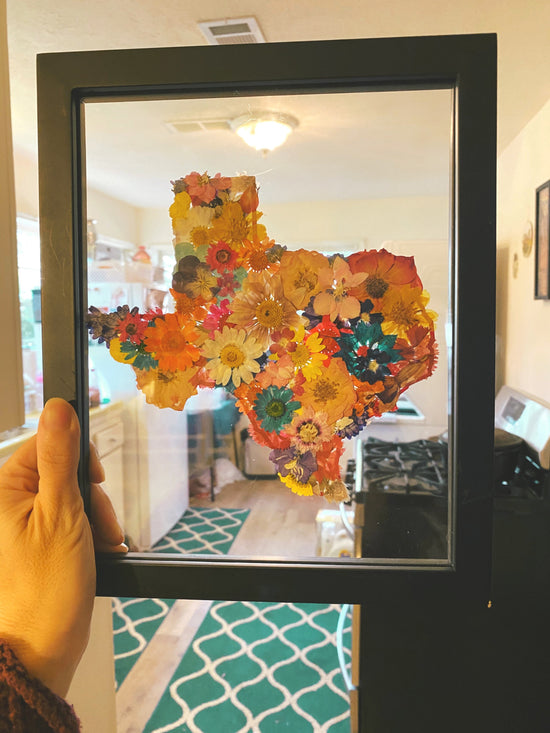 Pressed flower Texas wall art, original Texas art, pressed flower decor, Texas shaped wall hanging, Texas gift, Texas flower gift