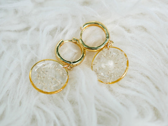 Pressed flower huggies, Queen Annes Lace Jewelry, Gold Fill Huggie hoops, Pressed flower jewelry, Real flower earrings