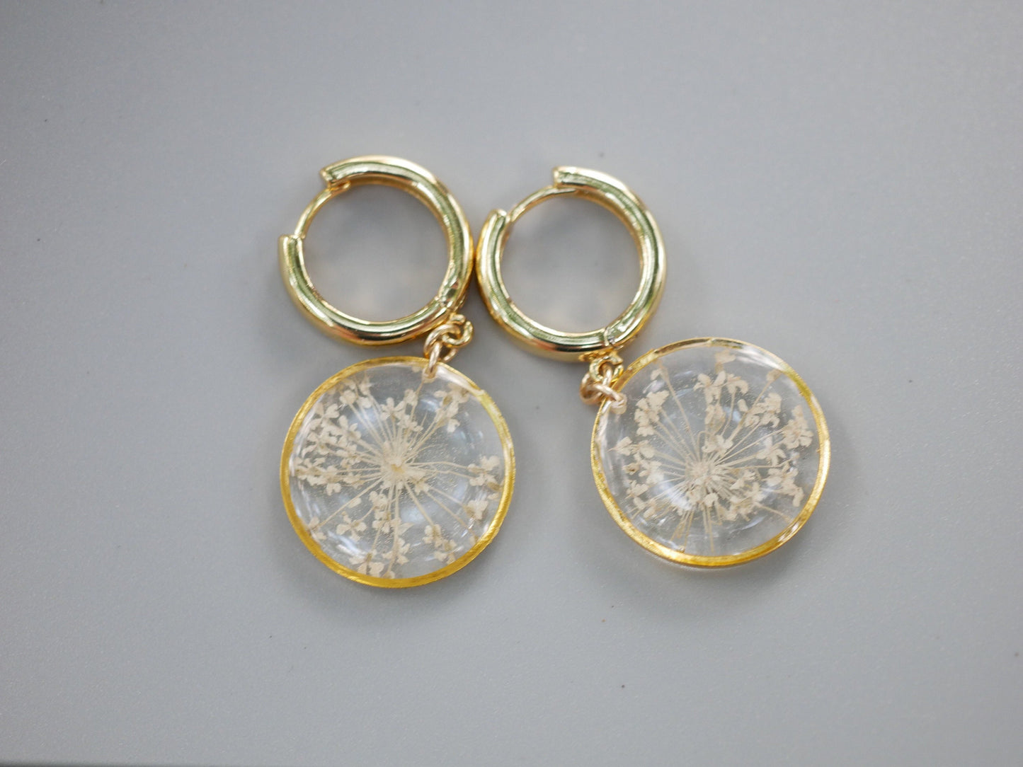 Pressed flower huggies, Queen Annes Lace Jewelry, Gold Fill Huggie hoops, Pressed flower jewelry, Real flower earrings