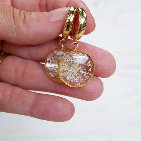 Pressed flower huggies, Queen Annes Lace Jewelry, Gold Fill Huggie hoops, Pressed flower jewelry, Real flower earrings