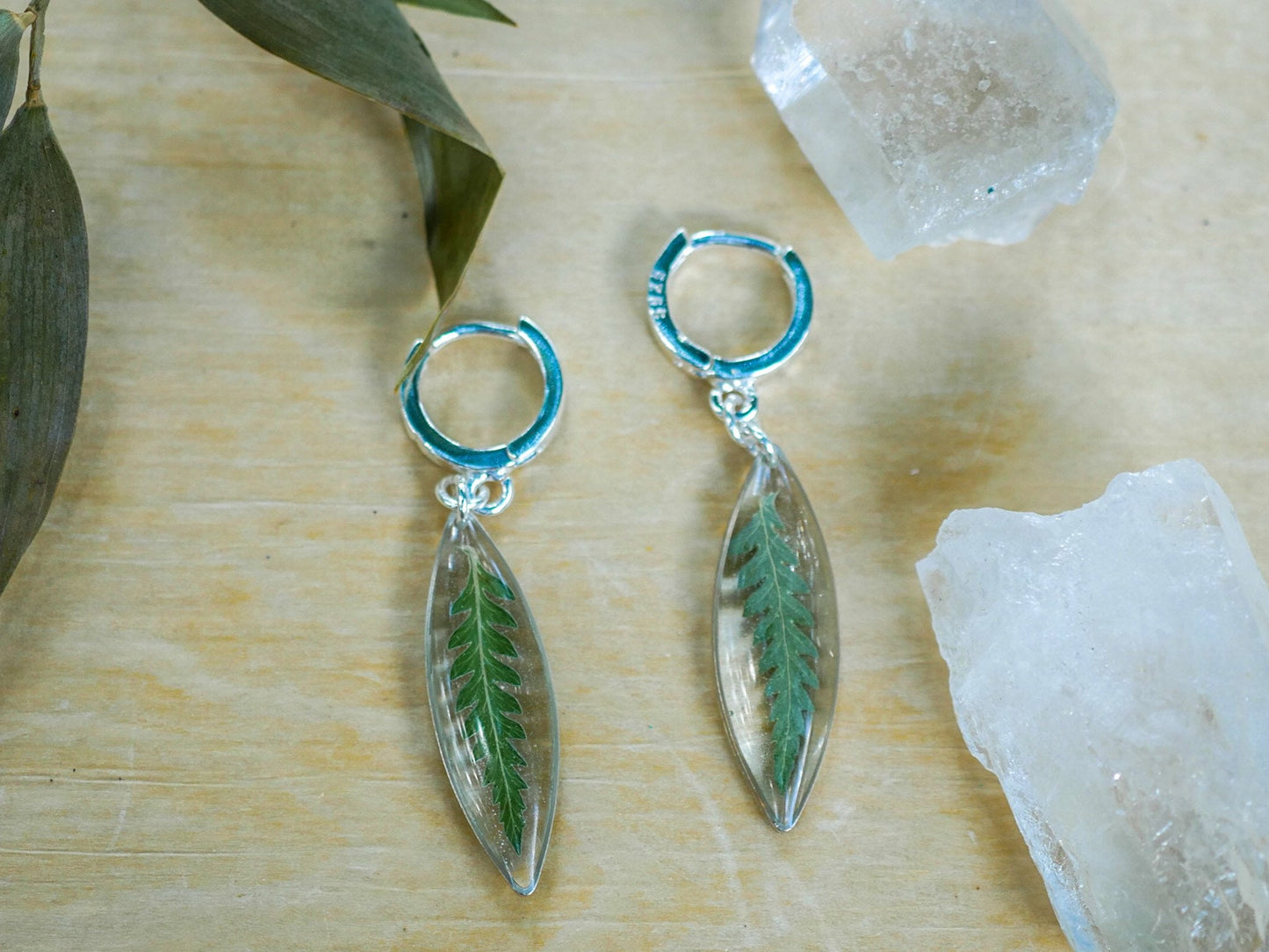 Pressed Fern ellipse huggy hoop earrings, real fern sterling silver hoops
