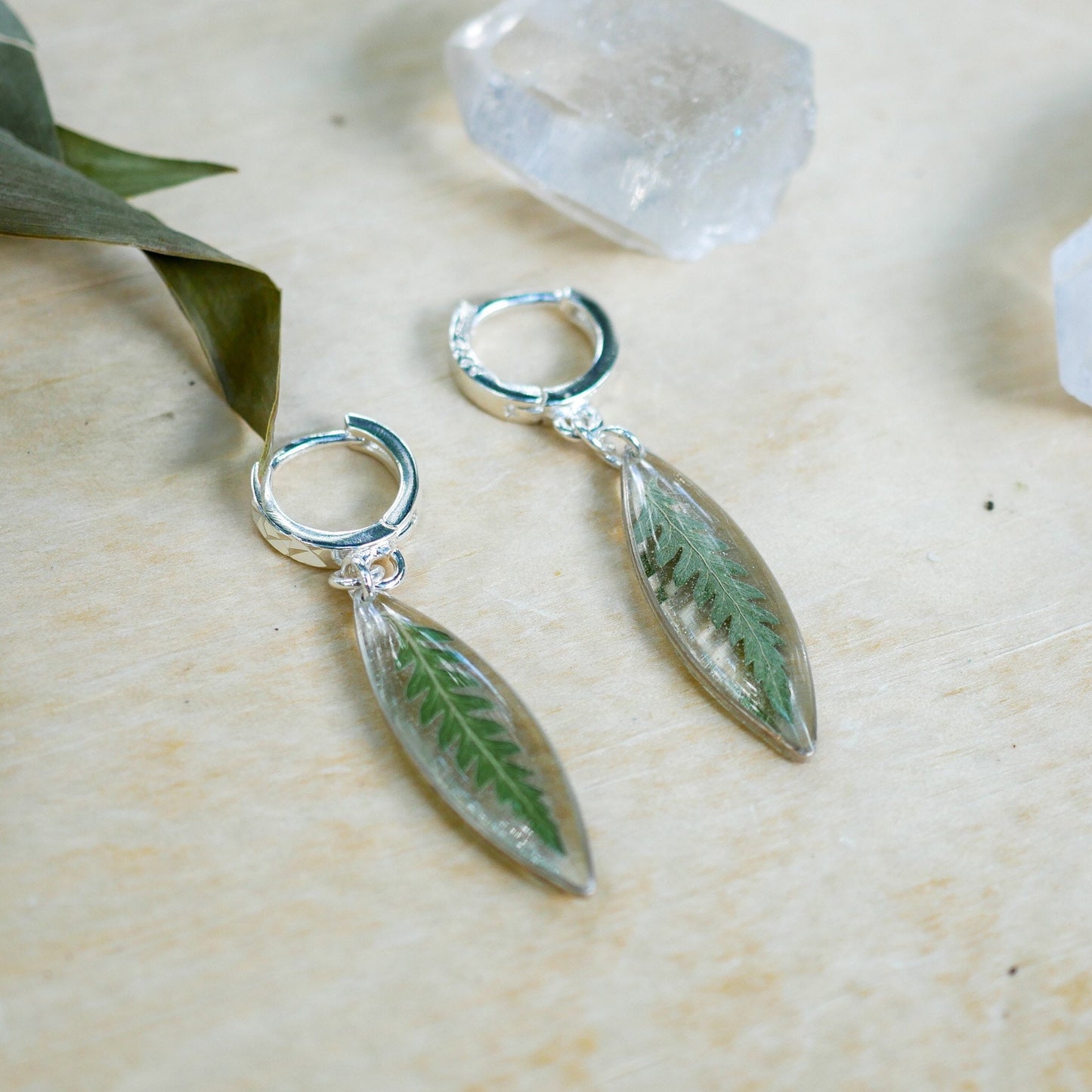 Pressed Fern ellipse huggy hoop earrings, real fern sterling silver hoops