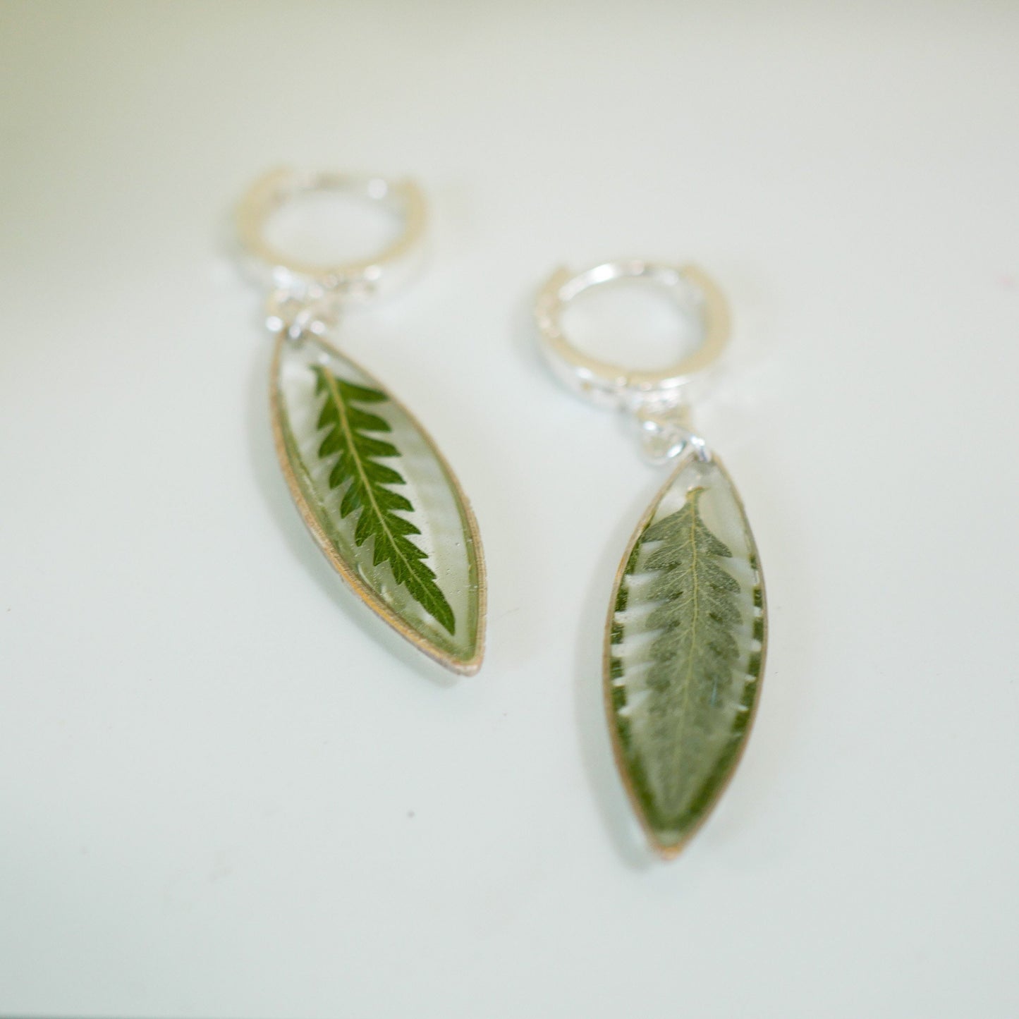 Pressed Fern ellipse huggy hoop earrings, real fern sterling silver hoops