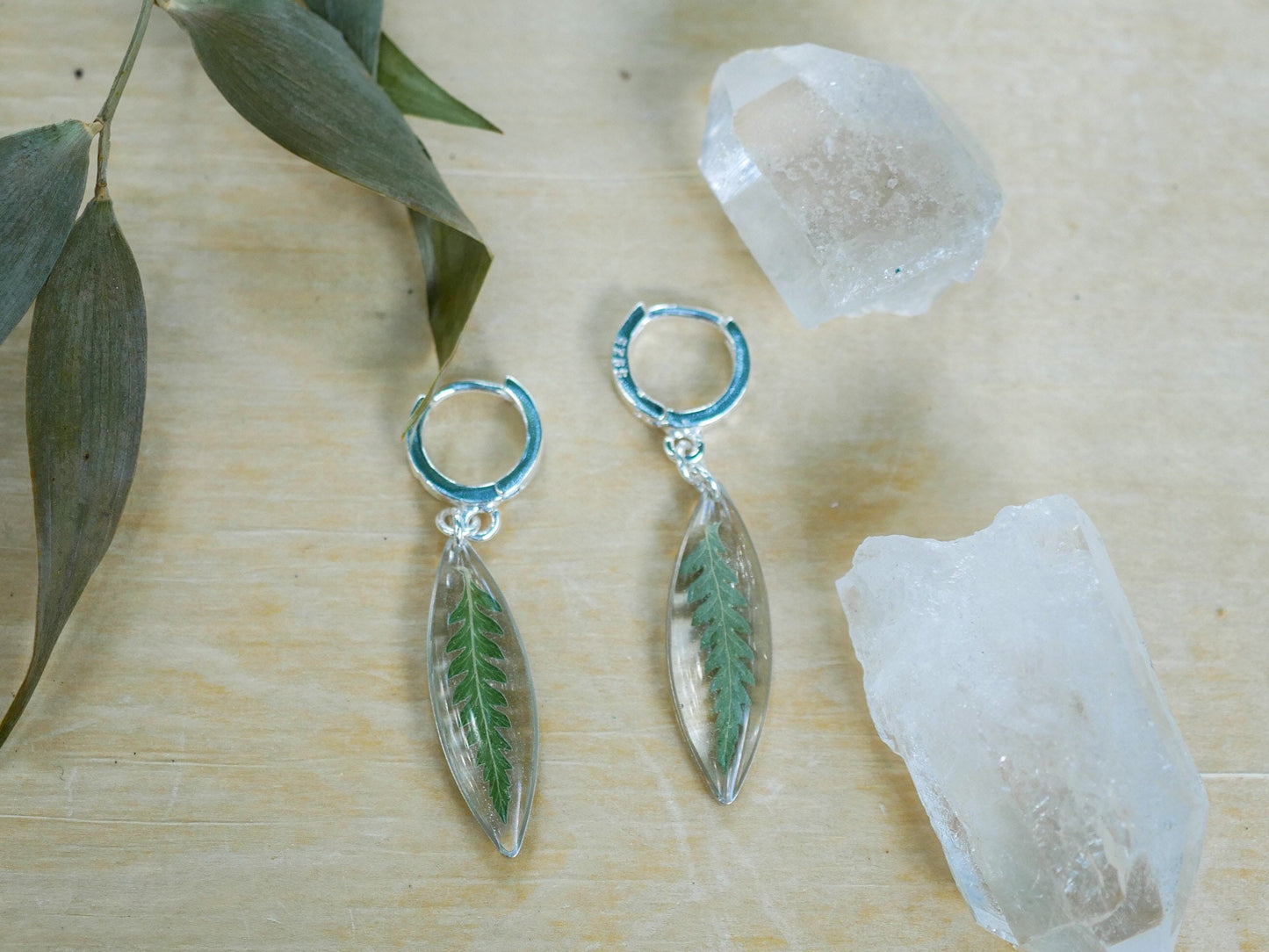 Pressed Fern ellipse huggy hoop earrings, real fern sterling silver hoops