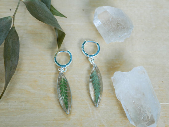 Pressed Fern ellipse huggy hoop earrings, real fern sterling silver hoops