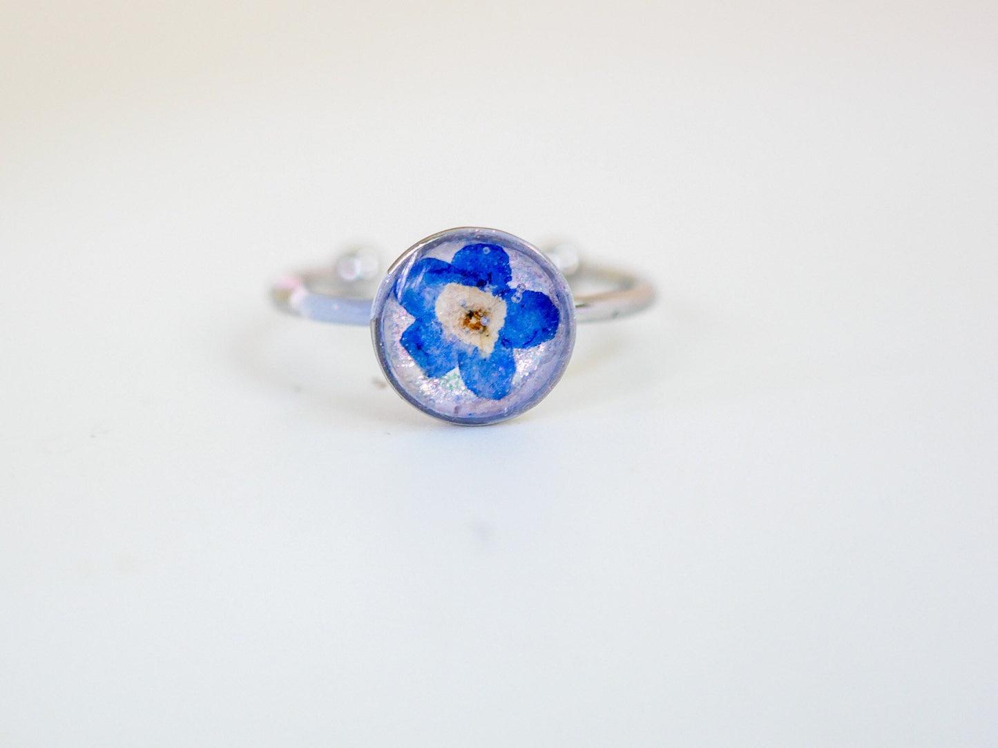 Forget me not ring made with real flowers. Stainless steel non -tarnish memorial jewelry
