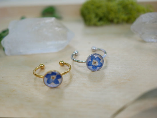 Forget me not ring made with real flowers. Stainless steel non -tarnish memorial jewelry