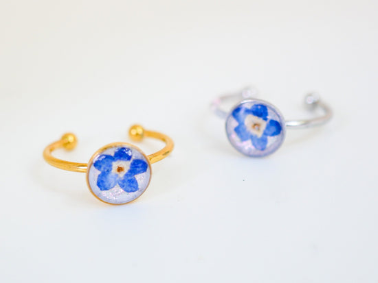 Forget me not ring made with real flowers. Stainless steel non -tarnish memorial jewelry