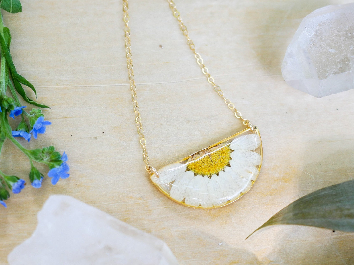 Pressed Daisy Half Moon Necklace