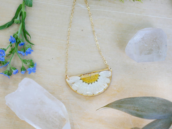 Pressed Daisy Half Moon Necklace