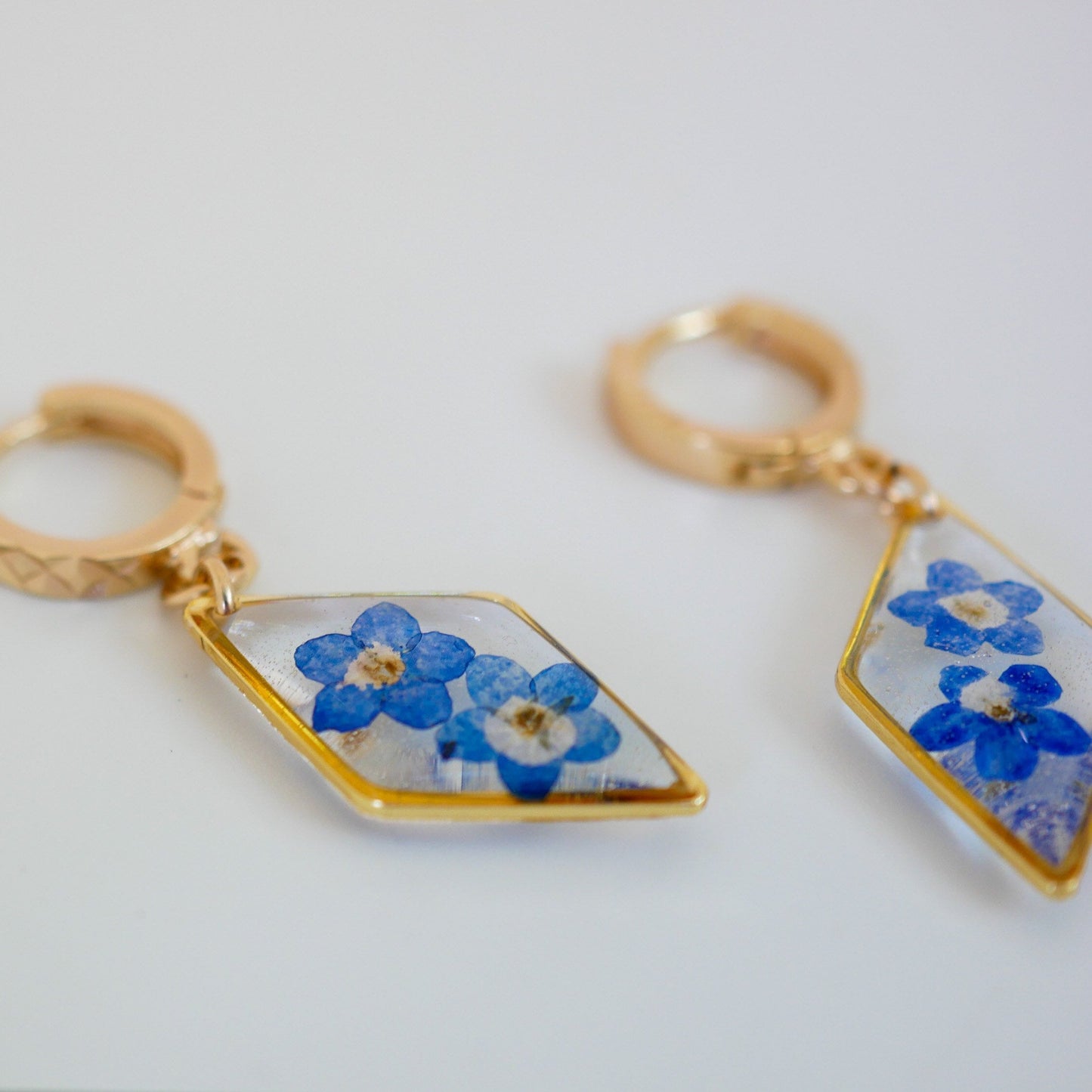 Pressed Flower Earrings: Forget Me Not on Dainty Teardrop Hoops - Gold or Silver