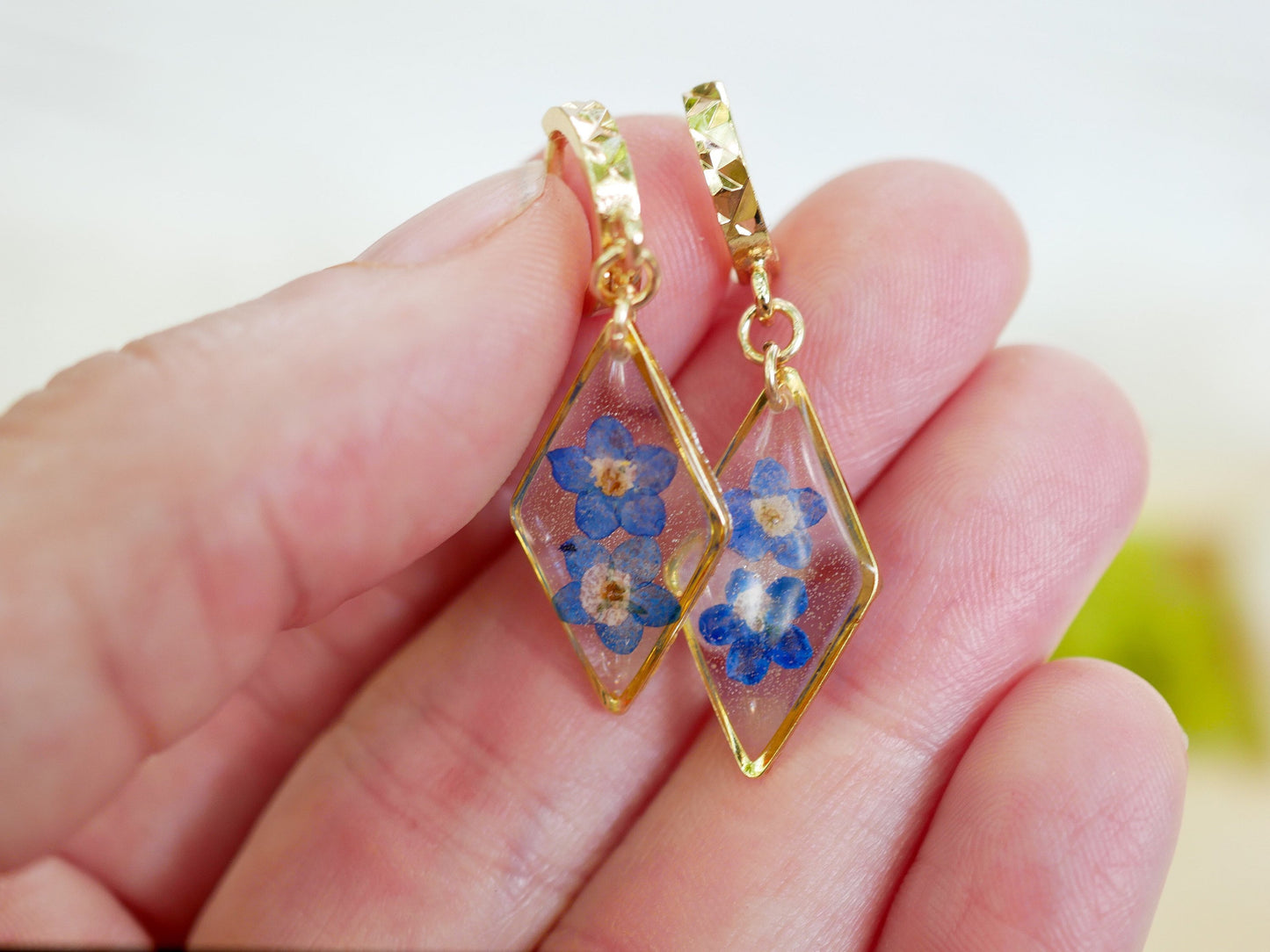 Pressed Flower Earrings: Forget Me Not on Dainty Teardrop Hoops - Gold or Silver