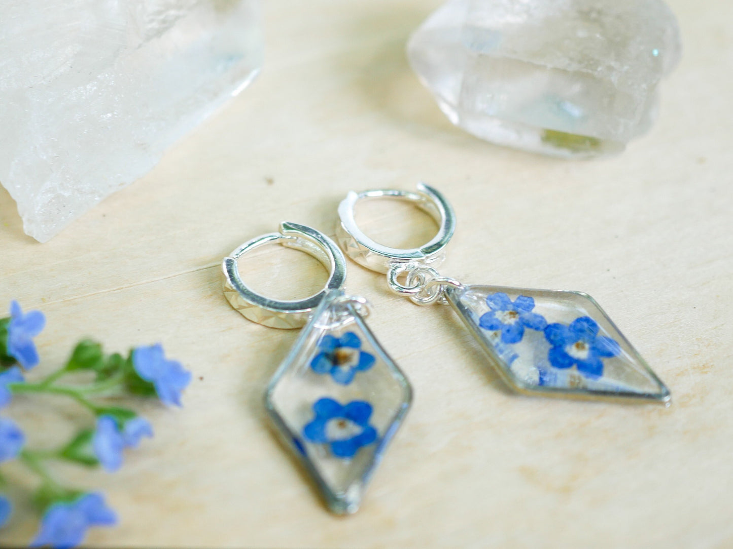 Pressed Flower Earrings: Forget Me Not on Dainty Teardrop Hoops - Gold or Silver
