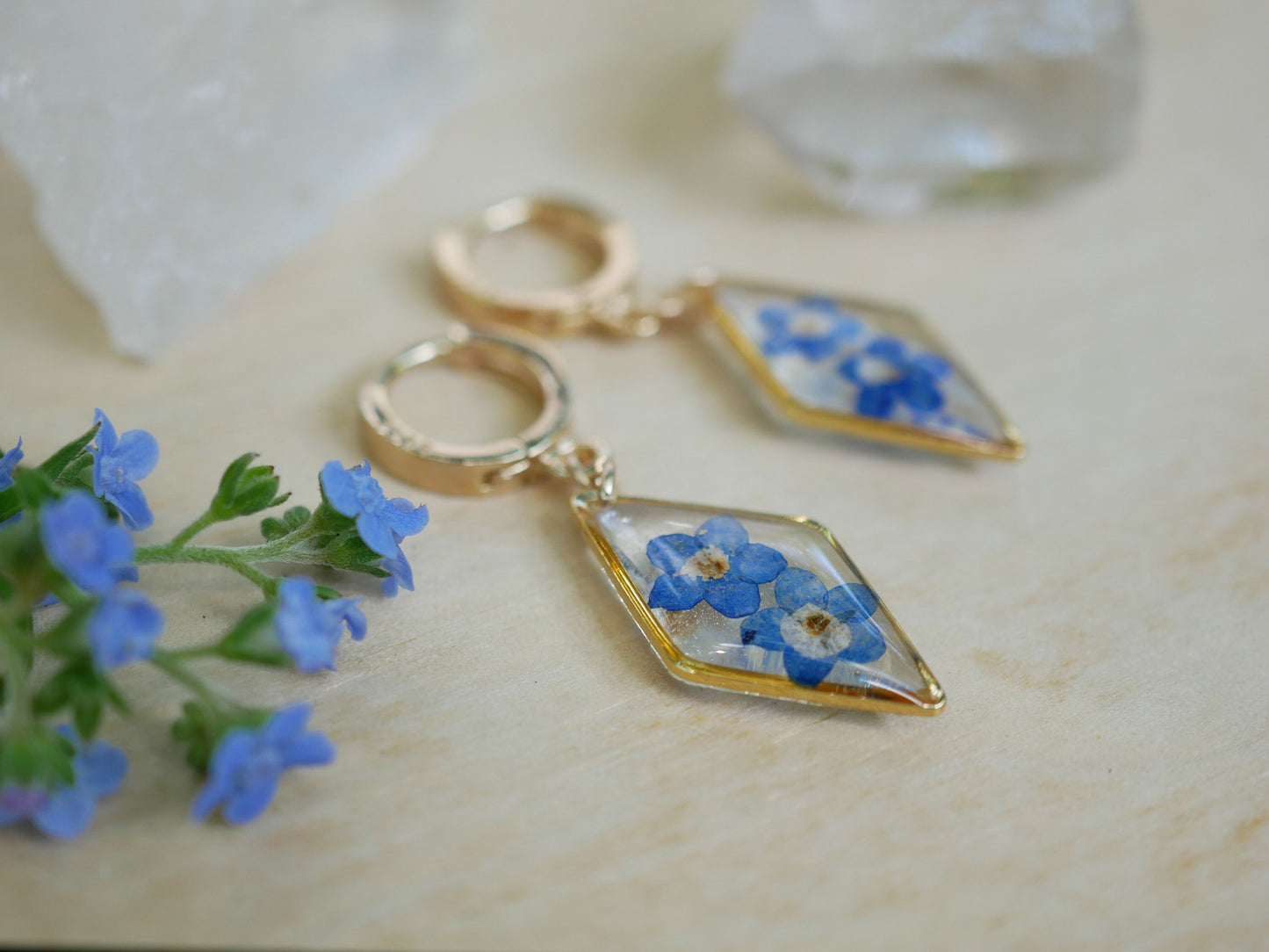 Pressed Flower Earrings: Forget Me Not on Dainty Teardrop Hoops - Gold or Silver