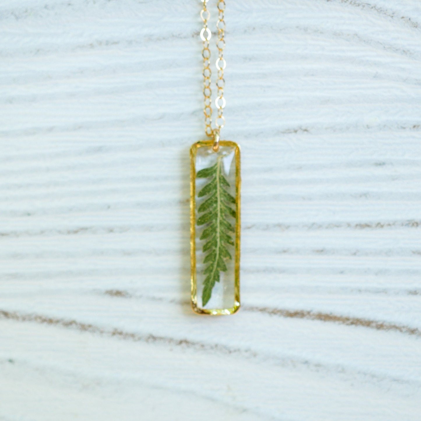 Dainty pressed Fern Leaf Necklace, Vertical Bar Necklace, Pressed fern jewelry, ellipse necklace, nature gift, terrarium necklace