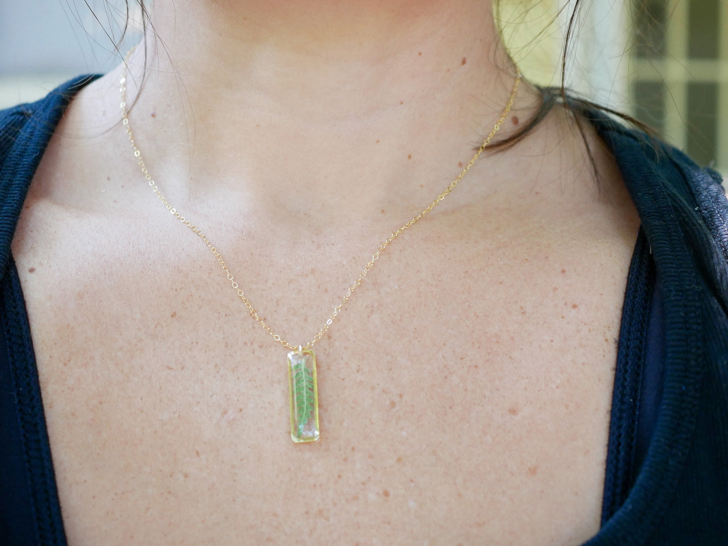 Dainty pressed Fern Leaf Necklace, Vertical Bar Necklace, Pressed fern jewelry, ellipse necklace, nature gift, terrarium necklace