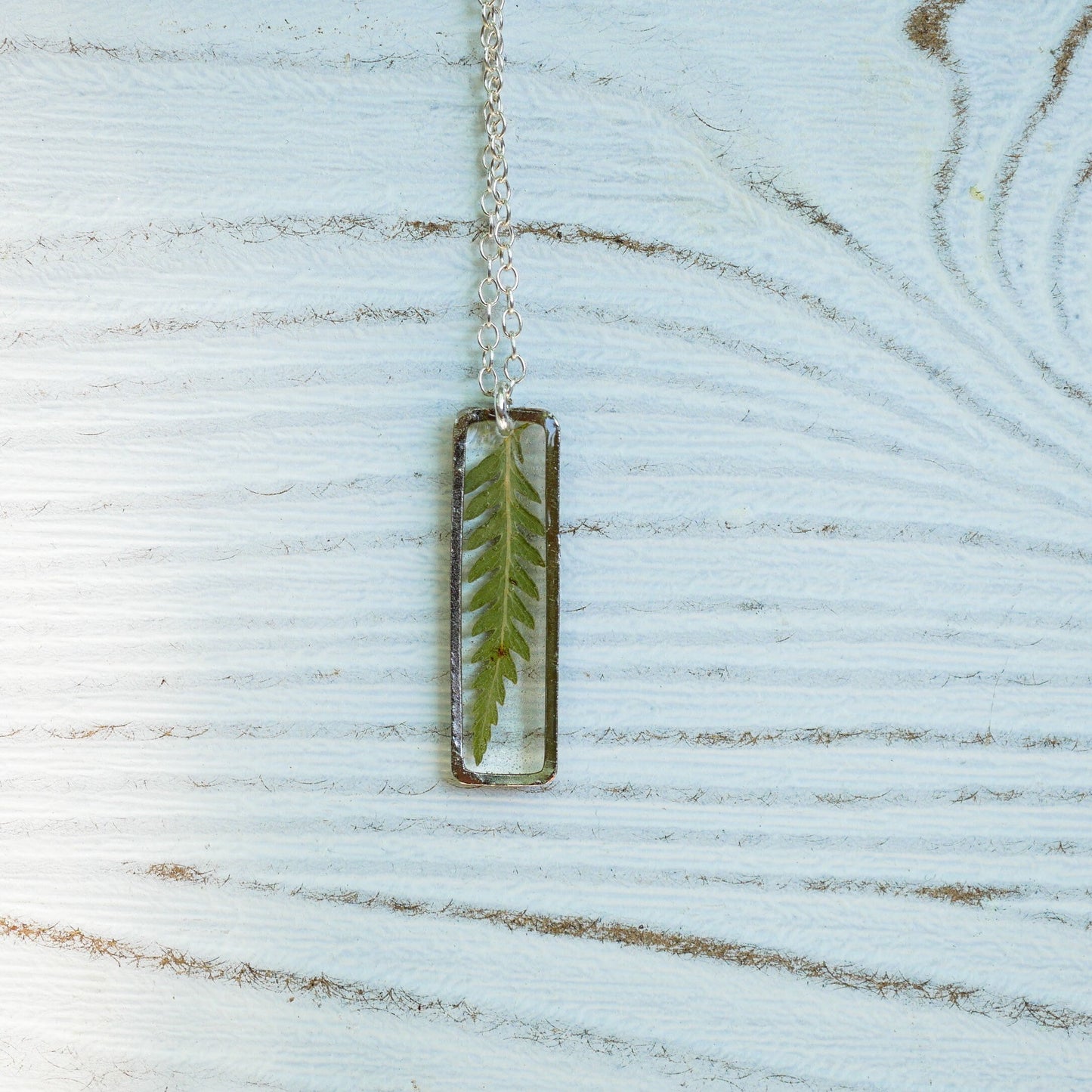 Dainty pressed Fern Leaf Necklace, Vertical Bar Necklace, Pressed fern jewelry, ellipse necklace, nature gift, terrarium necklace