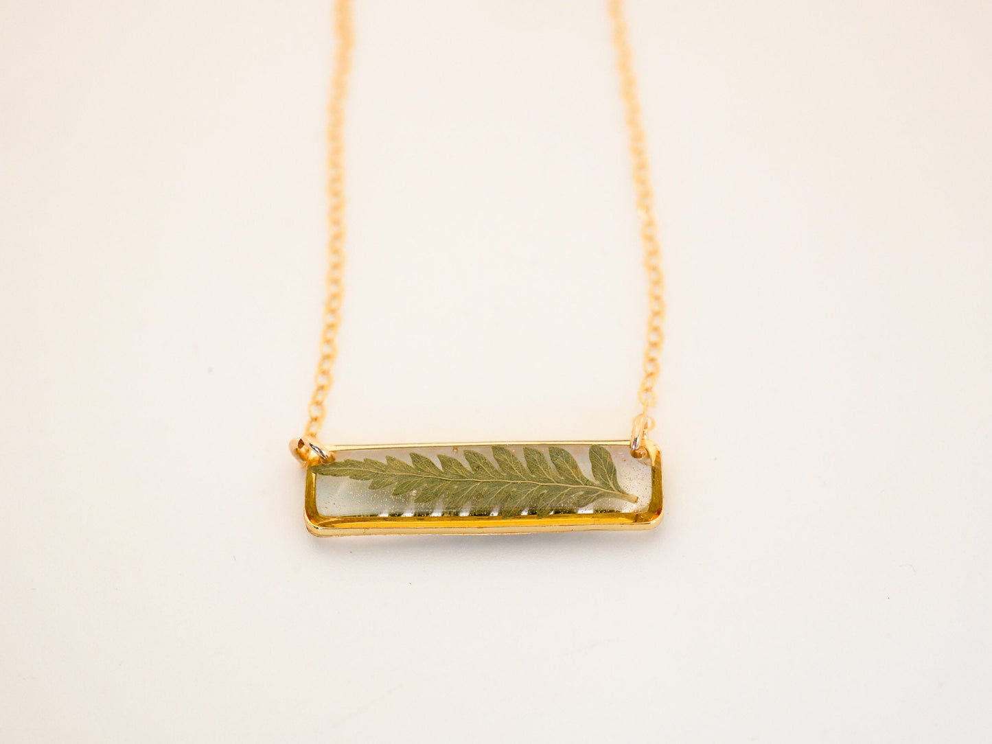Dainty Fern Necklace in Resin – Horizontal Bar Necklace – 14k Gold Fill or Sterling Silver – Pressed Botanical Jewelry – Minimalist Everyday