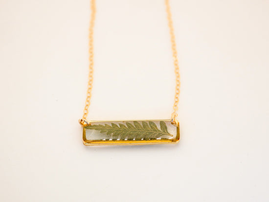 Dainty Fern Necklace in Resin – Horizontal Bar Necklace – 14k Gold Fill or Sterling Silver – Pressed Botanical Jewelry – Minimalist Everyday