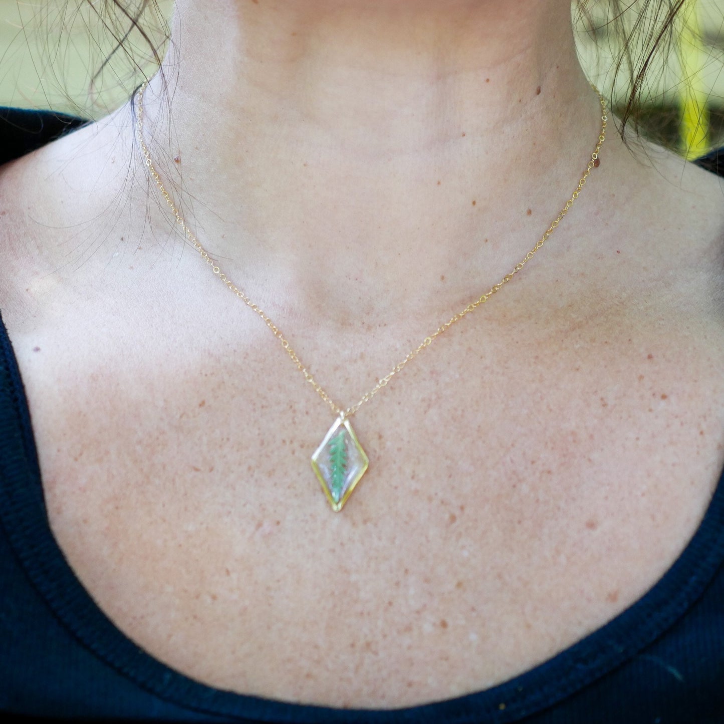Dainty pressed Fern Necklace, Real fern jewelry, real leaf necklace, nature gift, terrarium necklace, diamond shape necklace