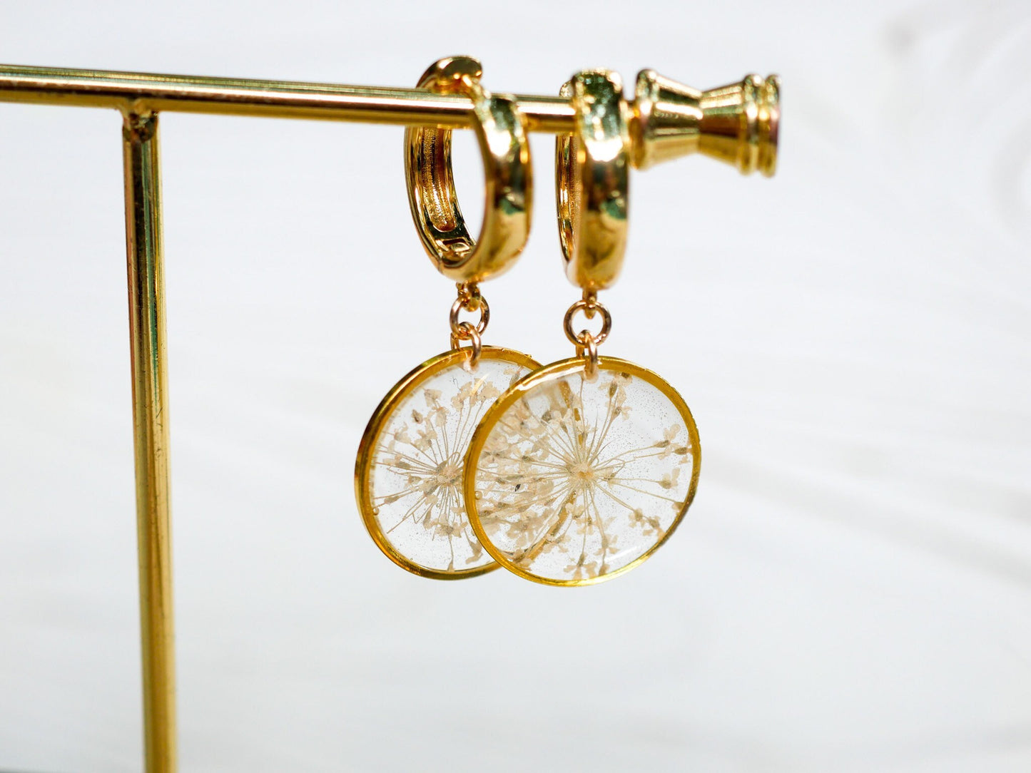 Pressed flower huggies, Queen Annes Lace Jewelry, Gold Fill Huggie hoops, Pressed flower jewelry, Real flower earrings