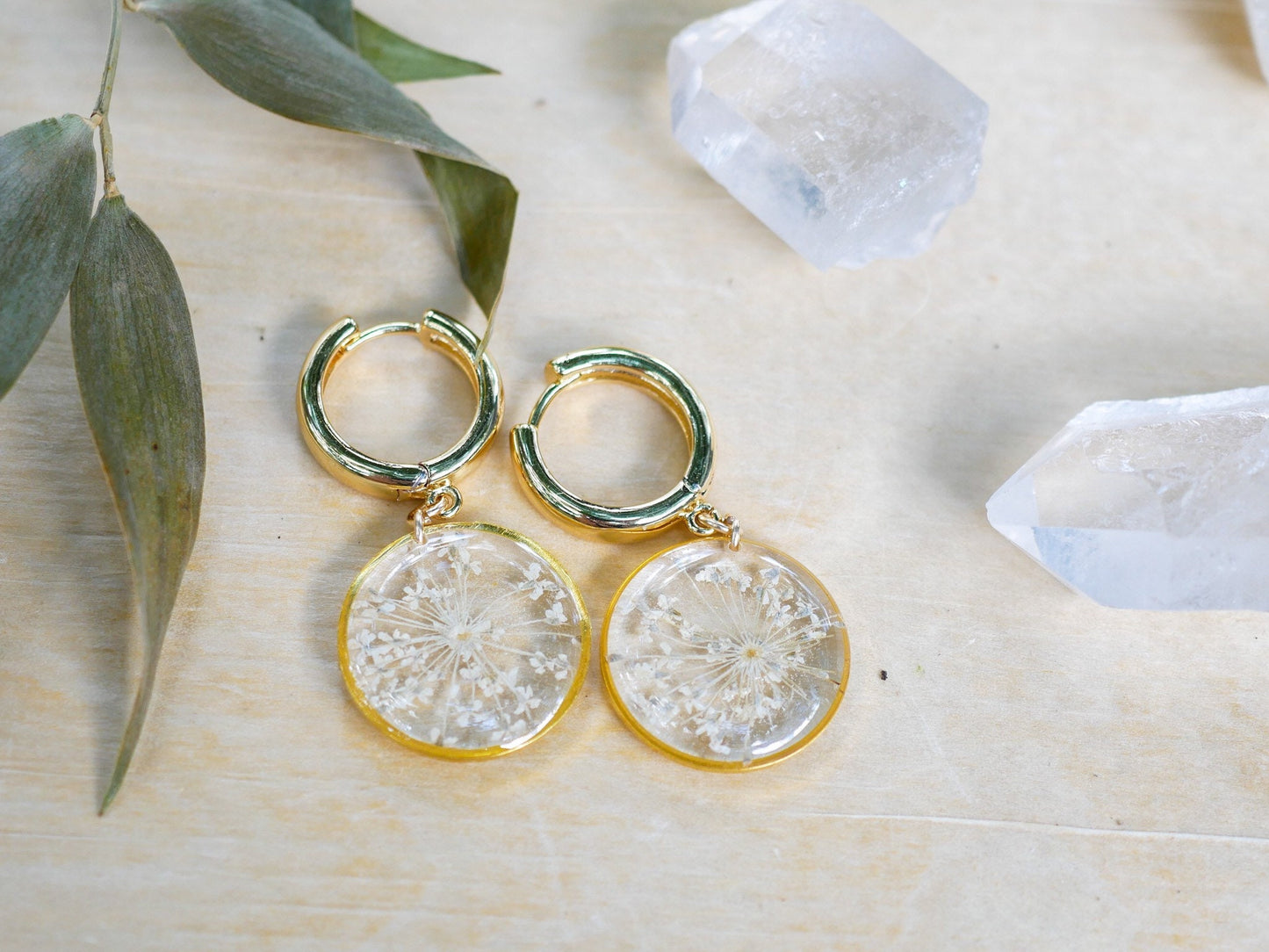 Pressed flower huggies, Queen Annes Lace Jewelry, Gold Fill Huggie hoops, Pressed flower jewelry, Real flower earrings
