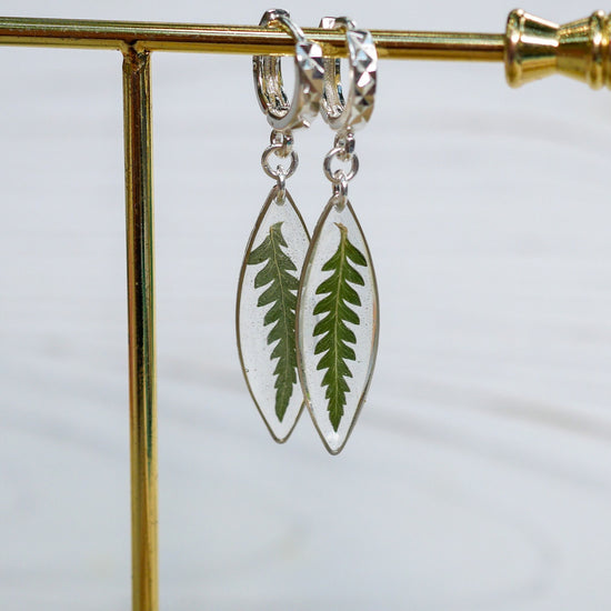 Pressed Fern ellipse huggy hoop earrings, real fern sterling silver hoops