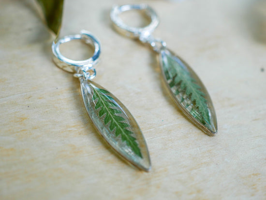 Pressed Fern ellipse huggy hoop earrings, real fern sterling silver hoops