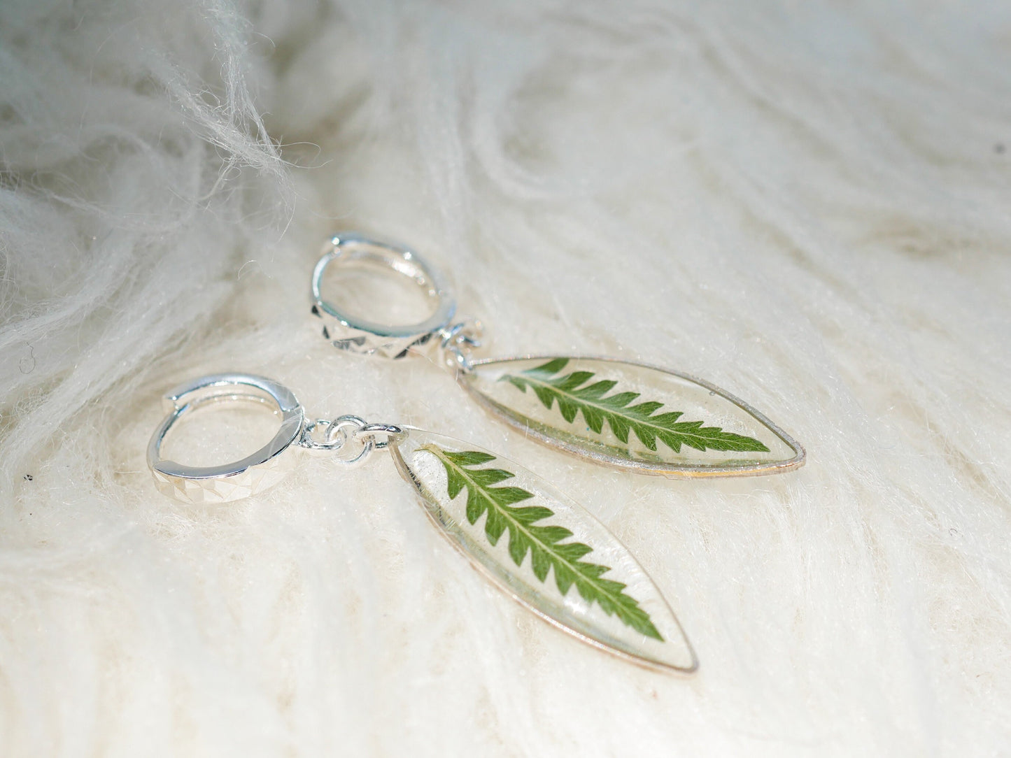 Pressed Fern ellipse huggy hoop earrings, real fern sterling silver hoops