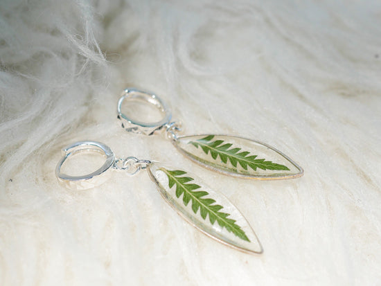 Pressed Fern ellipse huggy hoop earrings, real fern sterling silver hoops